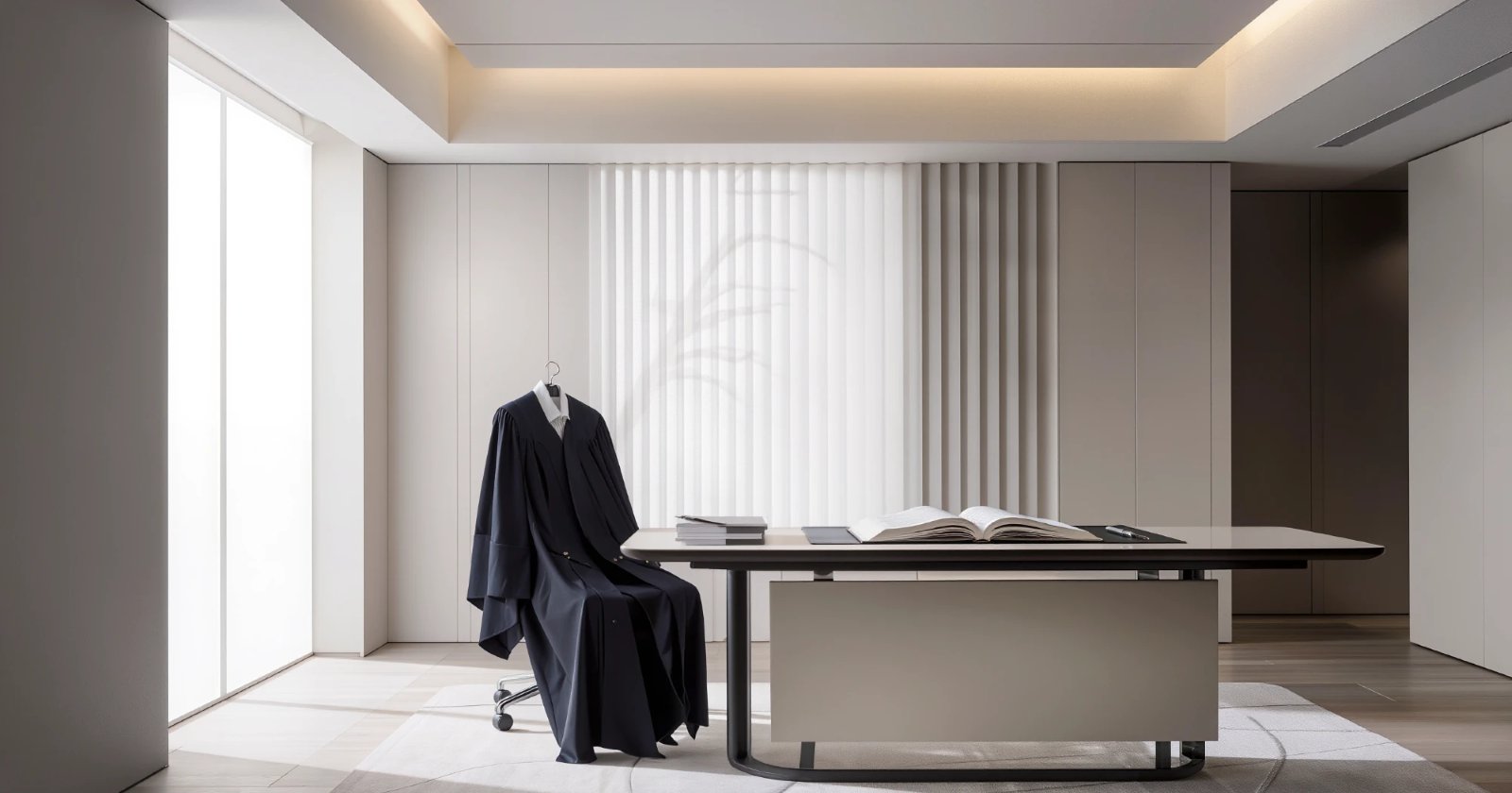 Bright office interior: a robe on a chair and an open book on a desk — AI illustration, eKartaPobytu original material