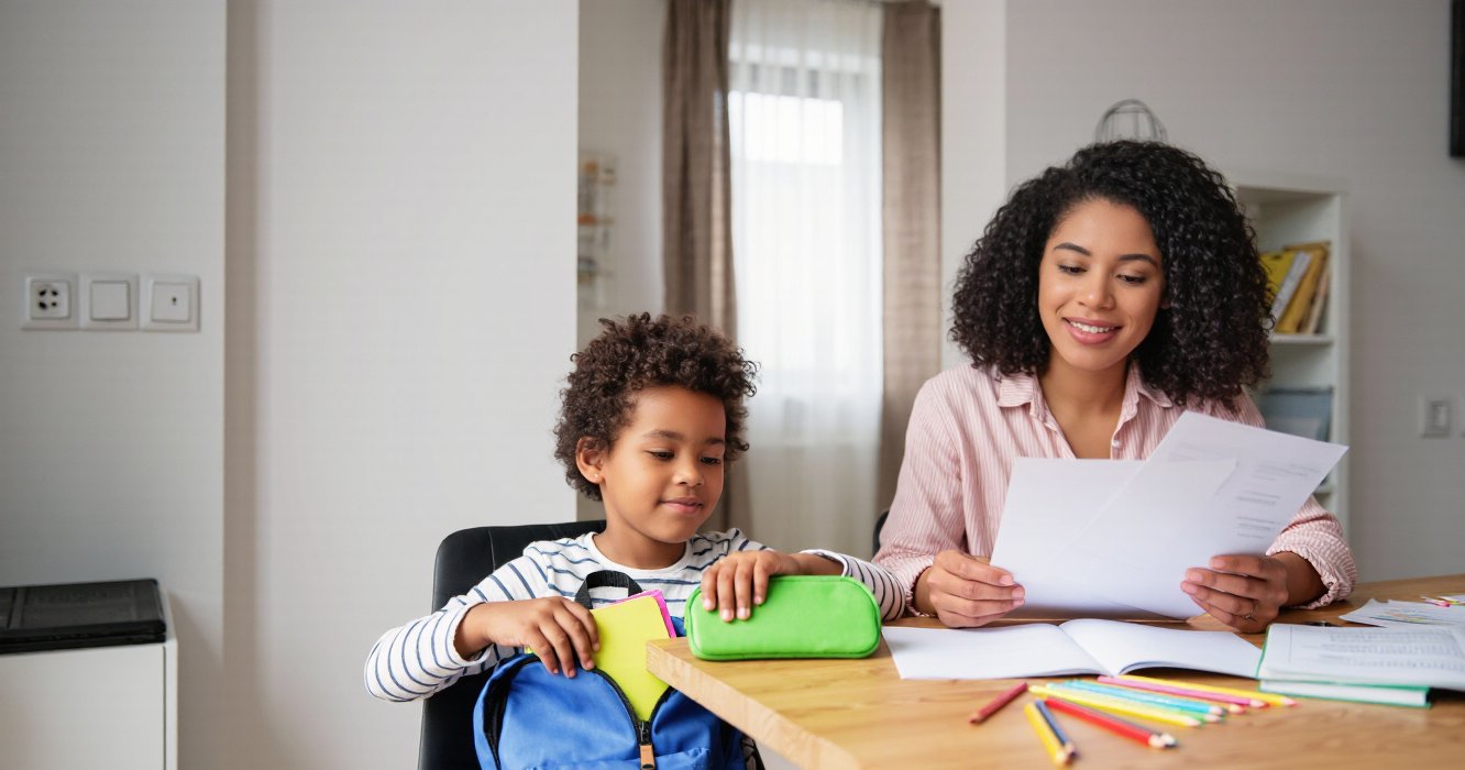 Mother and son at a table with a school backpack and documents — AI illustration, eKartaPobytu original material